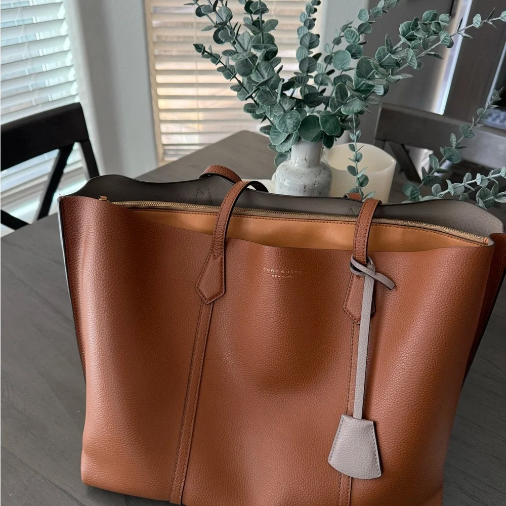 Tory Burch Brown Leather Tote with Gold Accent - Picture 2 of 12